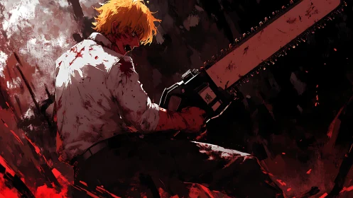 Blood-soaked anime warrior grips chainsaw in dynamic backlight