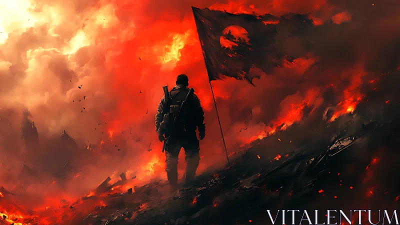 Solitary armed figure with flag in burning battlefield landscape.