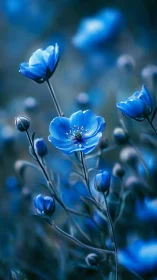 Blue Flowers in Soft Focus. Delicate petals glow with vibrant blue tones.