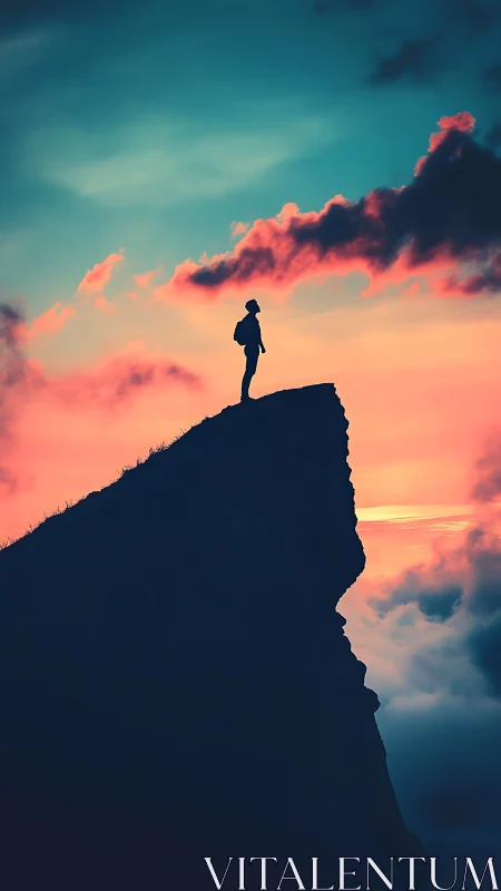 Silhouetted hiker atop cliff against cyan and coral dusk sky.