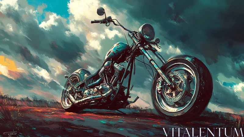 Chrome motorcycle stands bold beneath storm-lit open skies