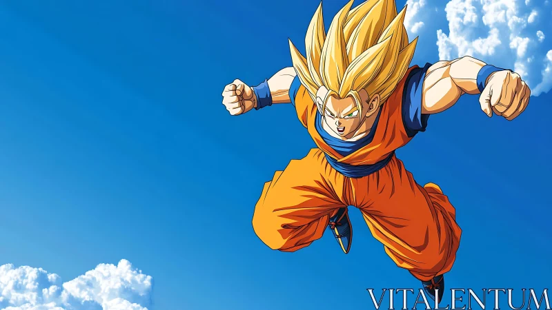 Golden-haired anime warrior launches forward in clear sky.