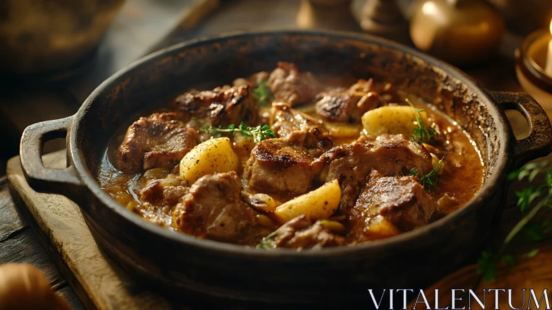 Rustic beef stew simmers in cast iron dutch oven