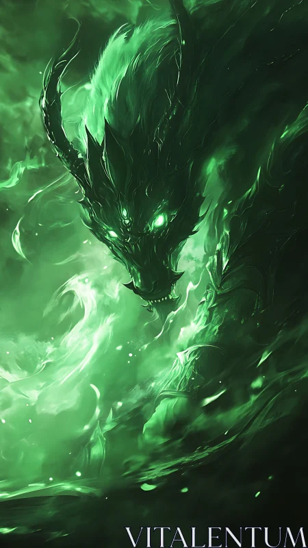 Emergent green spectral dragon in swirling luminous mist.