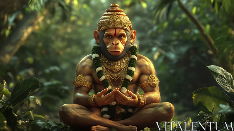 Gentle monkey sage in golden garlands resting in jungle calm.