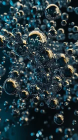 Clustered transparent bubbles in dark aquatic environment.