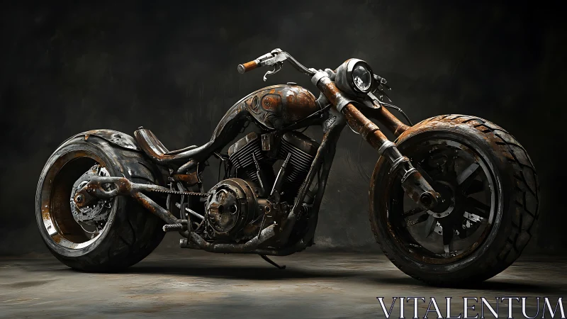 Rust-textured custom motorcycle on dark studio ground.