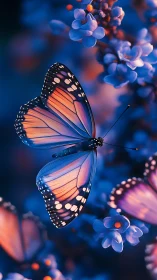 Monarch butterfly in neon bokeh over cobalt blossoms.