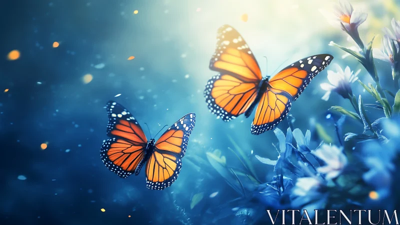 Butterflies drift through a dreamy blue garden glow.