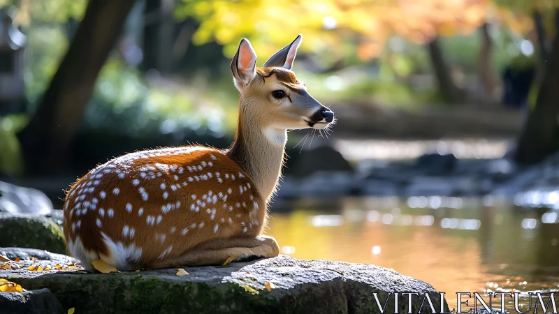 Young deer rests by a golden pond in gentle autumn light