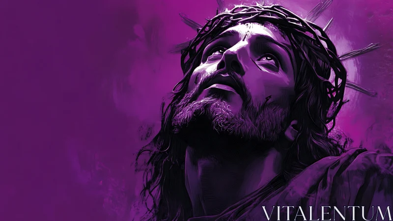 Chromatic devotional portrait with thorn-crowned upward gaze.