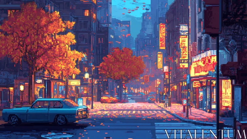 Pixelated neon city street glows under vivid autumn trees
