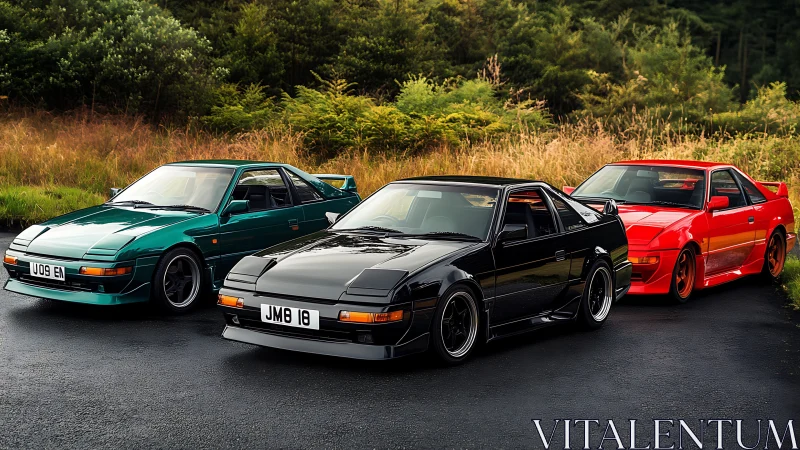 Triple retro coupes aligned on wet forest roadway.