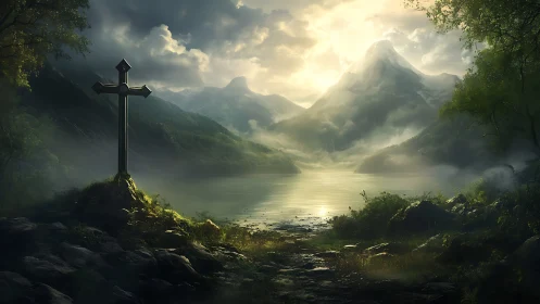 Cross stands by misted mountain lake under diffuse sunlight