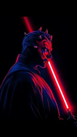 Sith warrior profile with red lightsaber in neon outline.