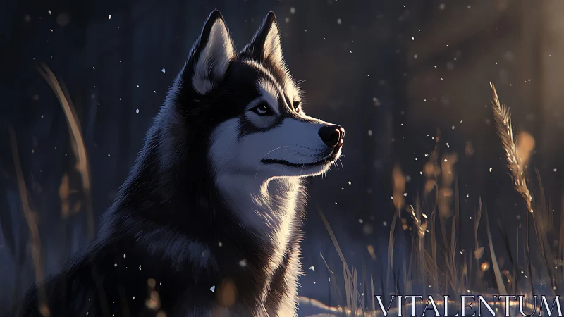 Gentle husky gazes toward soft winter light in quiet snow