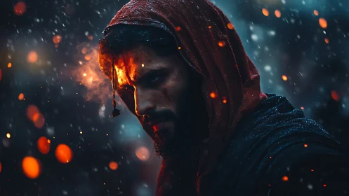 Hooded warrior stares through embers in a stormy night fire