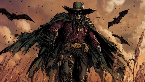Cloaked gunman stands in wheat field under flying bats