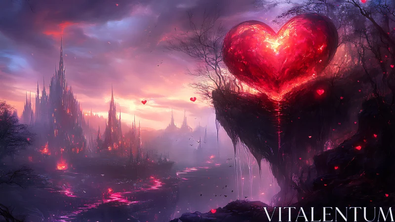 Luminescent Heart with Gothic Castle Landscape. Digital Composite.