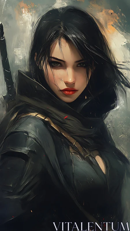 Fierce rogue heroine with windswept hair and steady gaze.