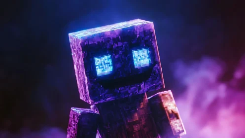 Glowing pixel robot smiles amid dreamy neon colors.