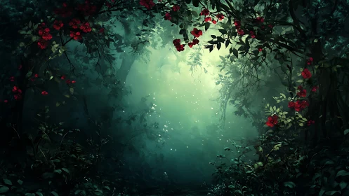 Enchanted Garden Portal: Crimson Roses Frame Mystic Luminescence.