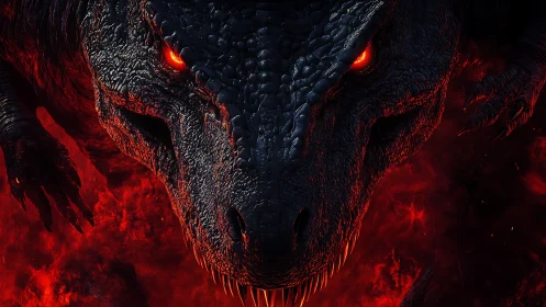 Dragon-like reptile face fills frame above glowing red lava