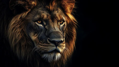 Low key closeup portrait of male lion with rim lighting.