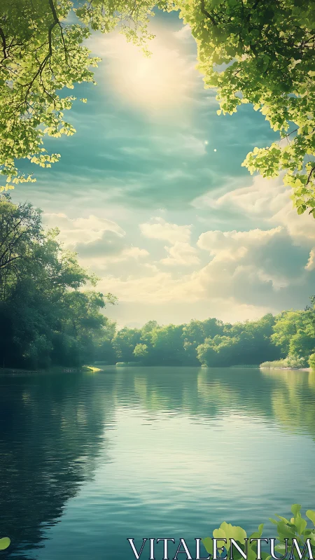 Sunlit river landscape with trees and reflective water surface.