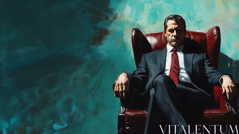 Confident leader resting in a deep red leather armchair.