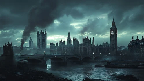 Cinematic dystopian London riverscape in digital painting style.
