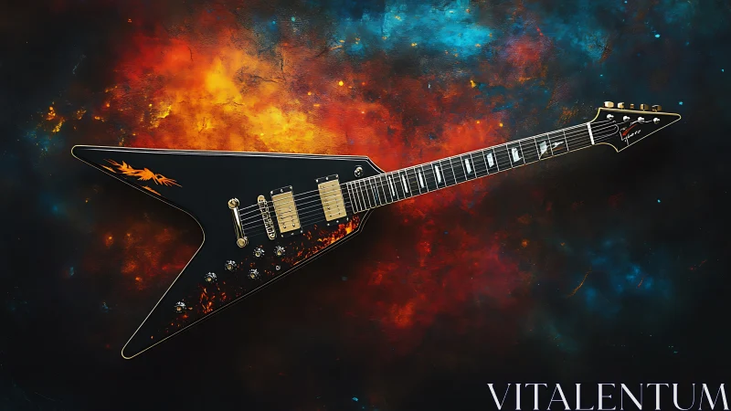 Black V-shaped electric guitar on fiery abstract backdrop.