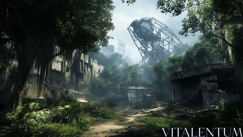 Overgrown urban ruins with collapsed industrial structure.