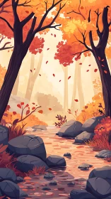 Autumn forest scene with stream and falling foliage.