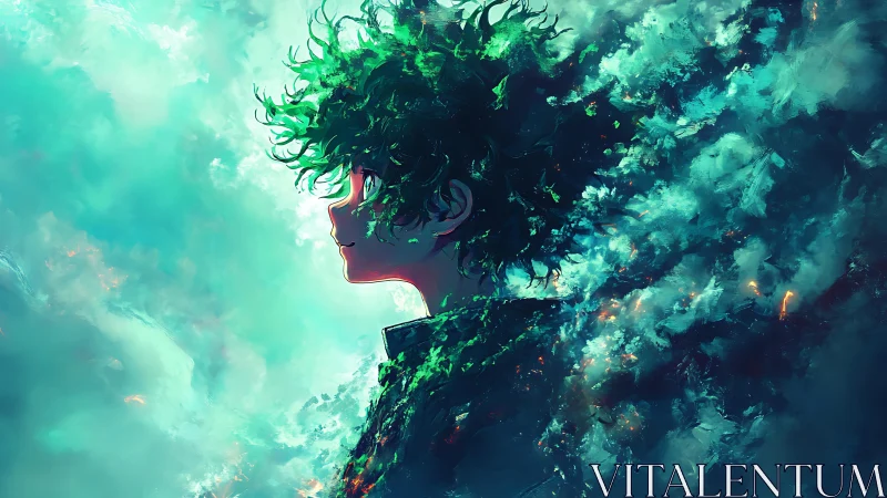 Storm-tossed dreamer dissolves into luminous teal sky.