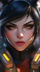 Futuristic female warrior portrait with glowing amber eyes.
