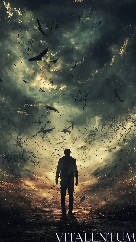 Lone silhouette beneath swirling apocalyptic storm sky.