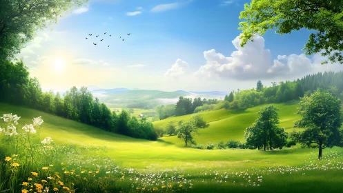 Sunlit valley of emerald hills under drifting summer clouds.