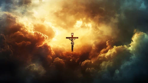Crucifix illuminated within stormy, radiant celestial clouds.