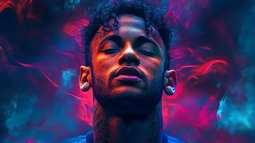 High-contrast neon portrait with turbulent bicolor volumetric lighting