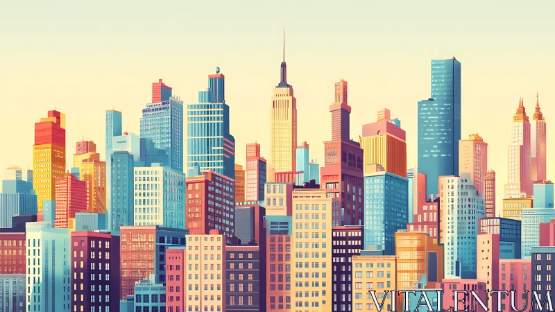 Geometric high-rise city skyline in soft morning light.