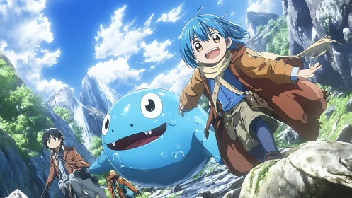 Anime kids run with blue creature through rocky mountain valley