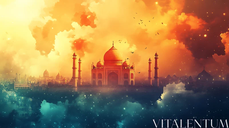Skybound Taj Mahal drifting through nebula-kissed clouds.