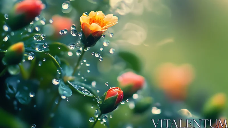 Golden Bloom with Water Droplets. Macro garden scene.