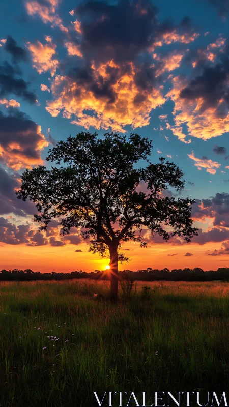 Solitary tree silhouette against vivid sunset cloudscape.