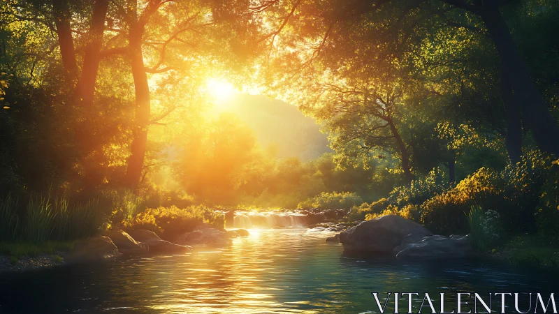 Sunlit forest river glows with tranquil golden morning light.