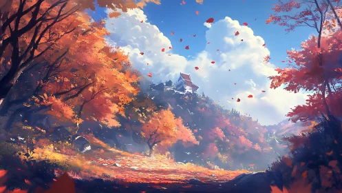 Autumn leaves swirl below a distant hilltop temple sanctuary