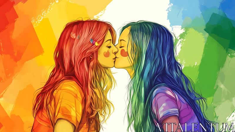 Two women kissing beneath vibrant rainbow spectrum backdrop.