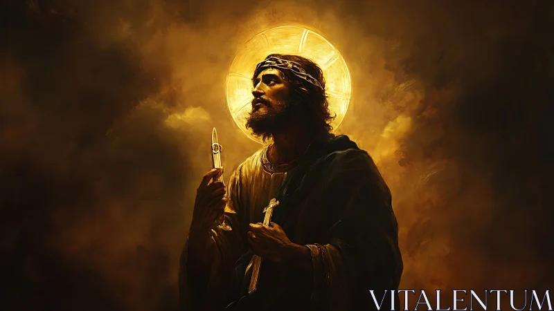 Digital painting of haloed saint in dramatic chiaroscuro focus.