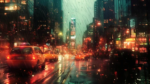 Neon taxis crossing rain slicked avenue in nocturnal cityscape.